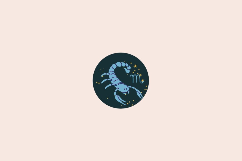 Um desenho de um escorpião representando o signo de Escorpião, dentro de um círculo, com fundo escuro e pequenos elementos que lembram estrelas