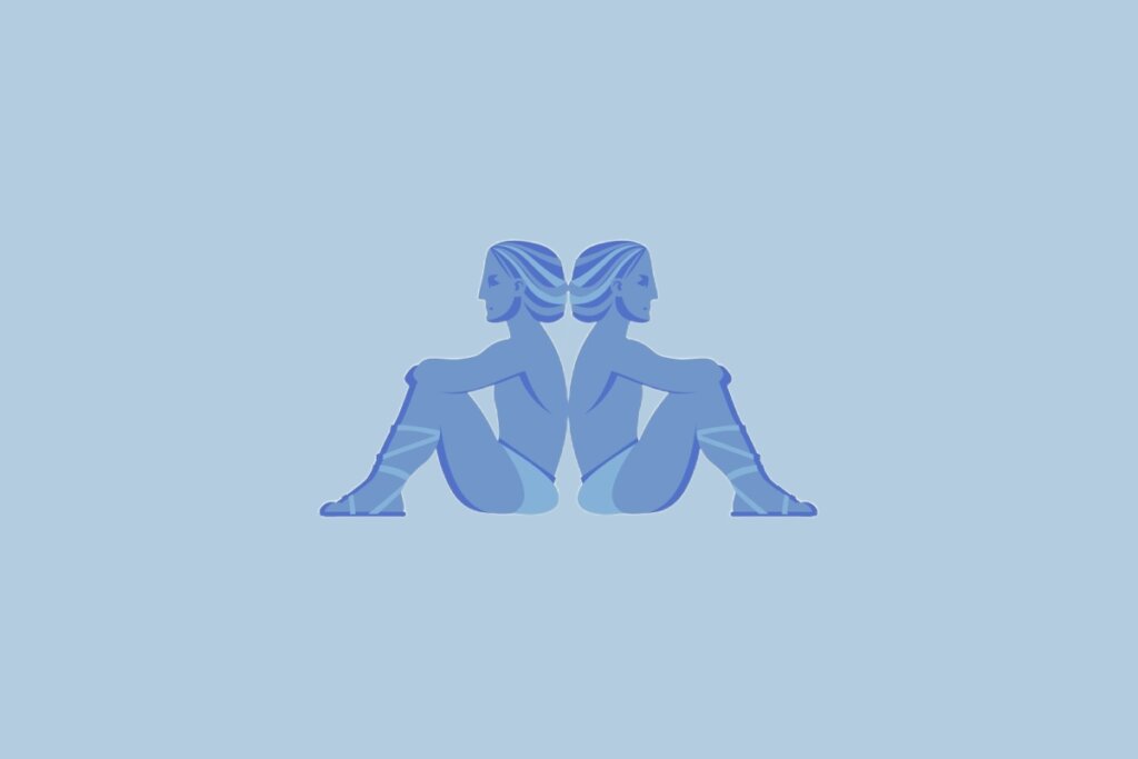 Ilustração do signo Gêmeos, com duas figuras humanas azuis sentadas de costas uma para a outra, sobre fundo azul-claro