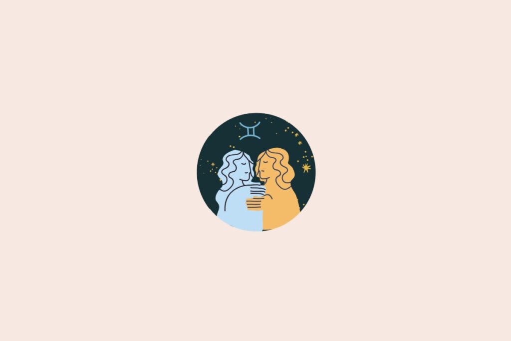 Um desenho de duas figuras representando o signo de Gêmeos, dentro de um círculo, com fundo escuro e pequenos elementos que lembram estrelas