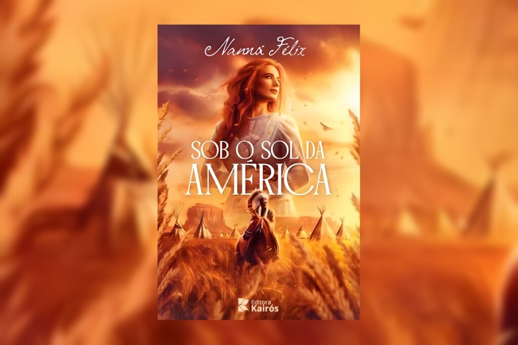Capa de livro em tons de laranja com o título e nome do autor escrito em branco e ao fundo a ilustração de uma mulher com o cabelo ruivo e vestido azul com detalhes em branco e de um guerreiro andando a cavalo com barracas ao fundo