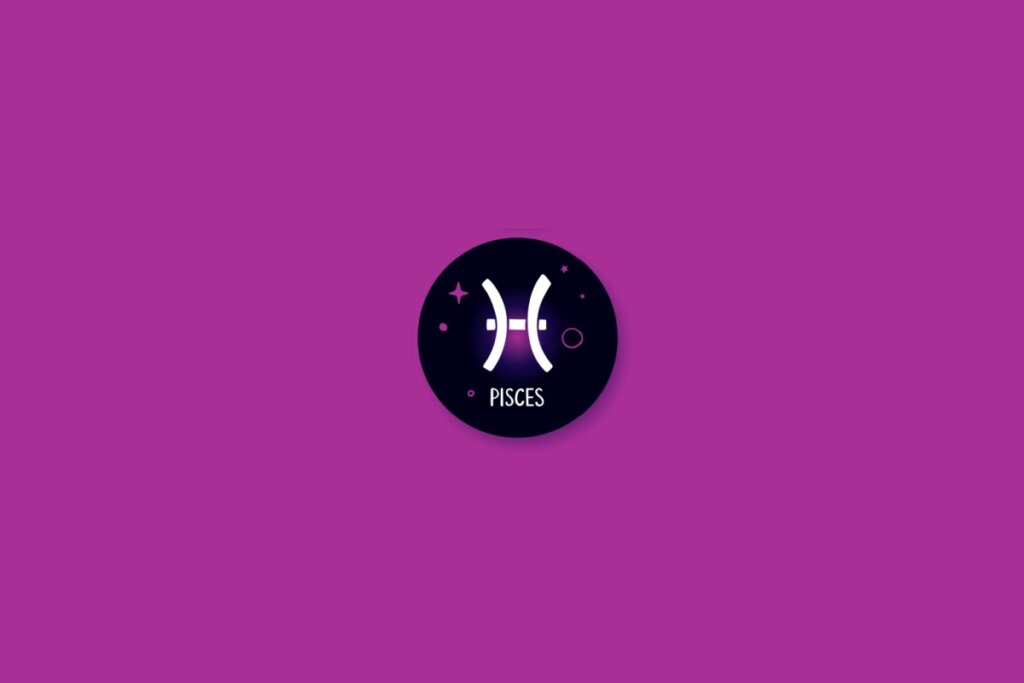 Ilustração de um círculo preto com o símbolo de peixes dentro, com estrelas roxas, sobre um fundo roxo
