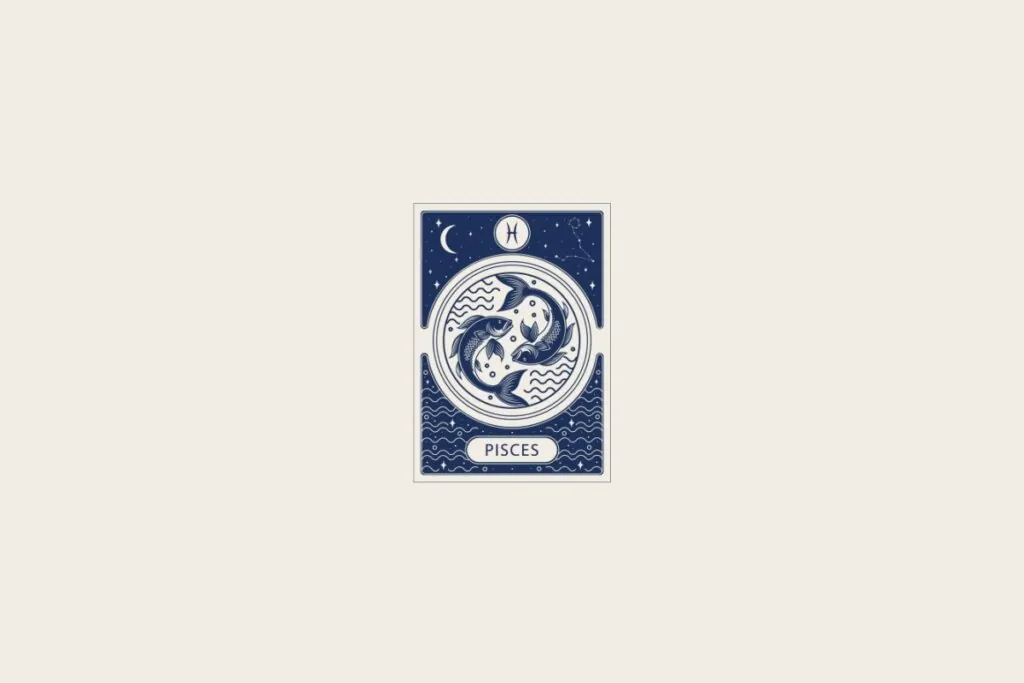 Ilustração do signo de Peixes em azul dentro de uma carta e com fundo bege-claro