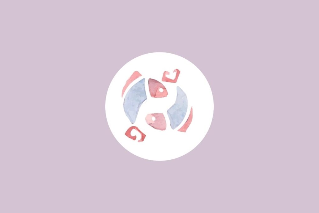 Círculo centralizado em um fundo roxo e com a ilustração do signo de peixes dentro