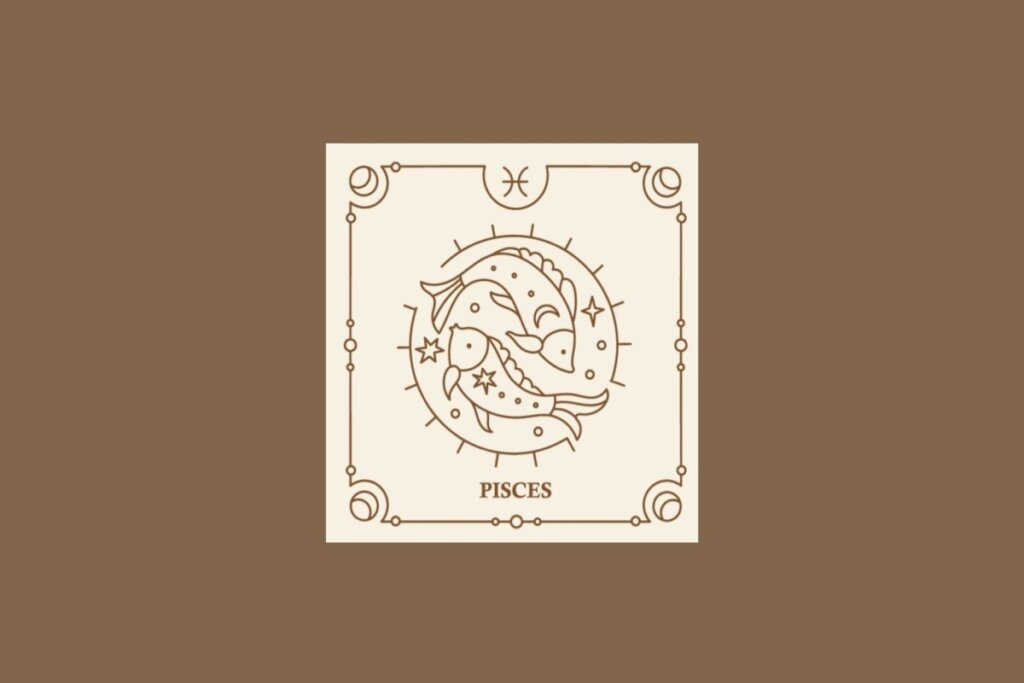 Ilustração do signo de peixes em um quadrado bege, com detalhes marrons ao redor, sobre um fundo marrom
