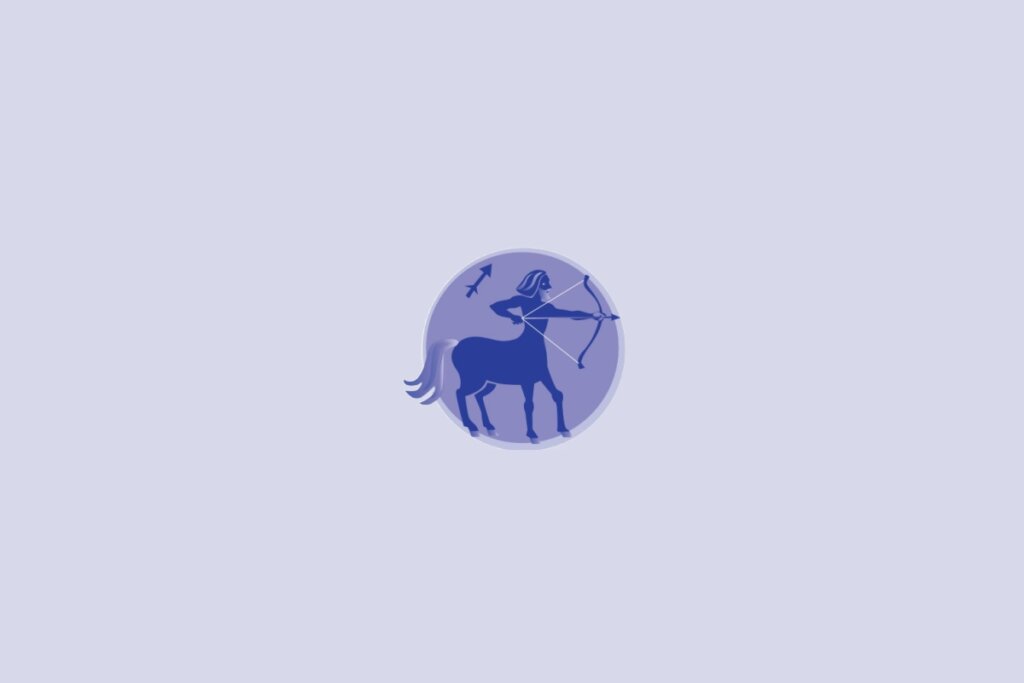 Imagem com ilustração do signo de Sagitário, representado por um arqueiro estilizado em tons de azul dentro de um círculo sobre fundo claro