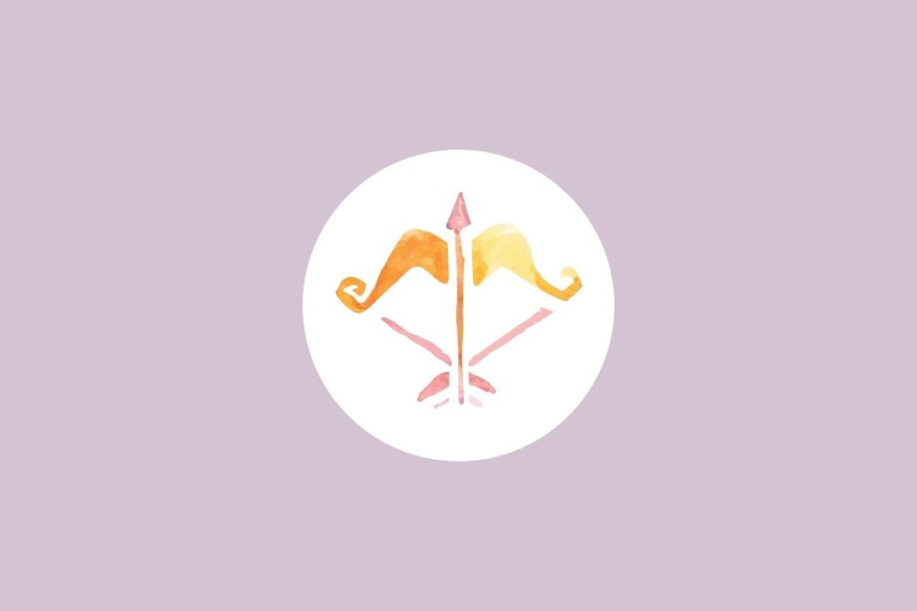 Círculo centralizado em um fundo roxo e com a ilustração do signo de sagitário dentro