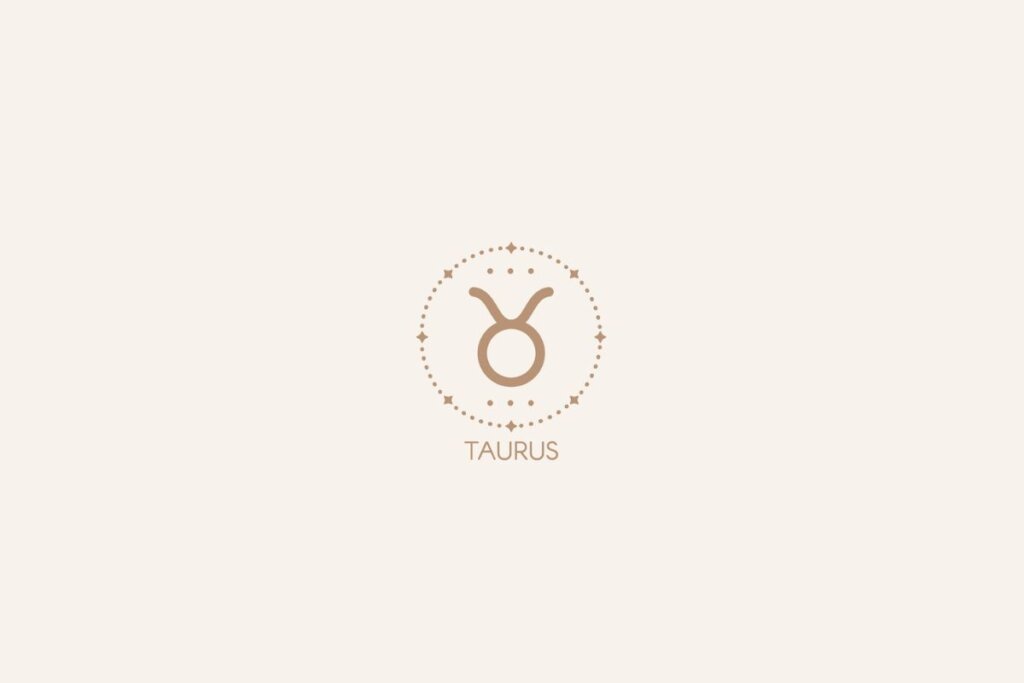 Símbolo do signo de Touro em tom bege, dentro de um círculo decorativo, com o nome escrito abaixo sobre fundo claro