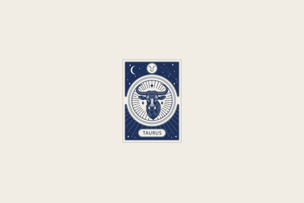 Ilustração do signo de Touro em azul dentro de uma carta e com fundo bege-claro