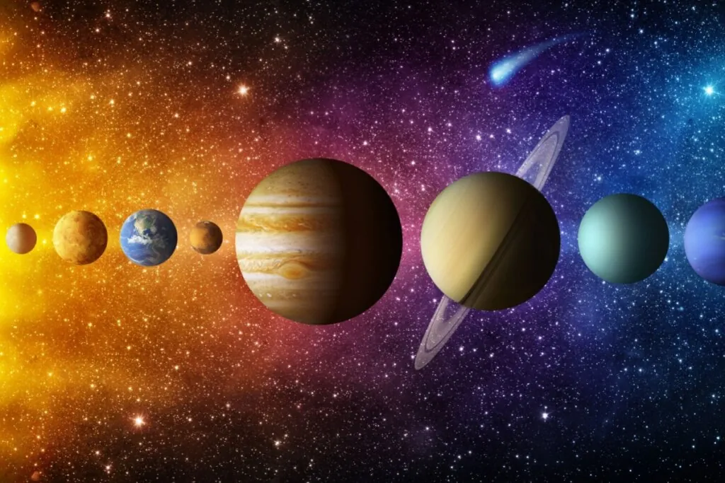 Planetas alinhados na via láctea com estrelas e na cor laranja, rosa e azul