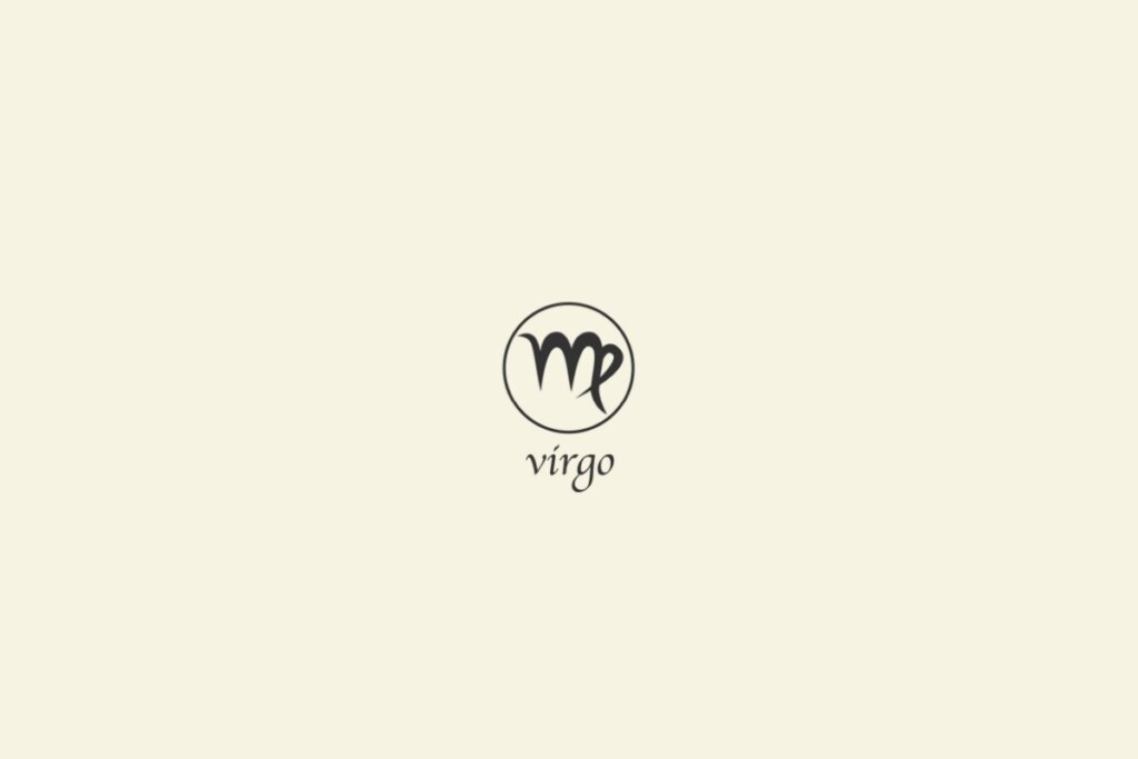 Ilustração do signo de virgem na cor preta, com um círculo em volta e o nome abaixo, sobre um fundo cinza-claro