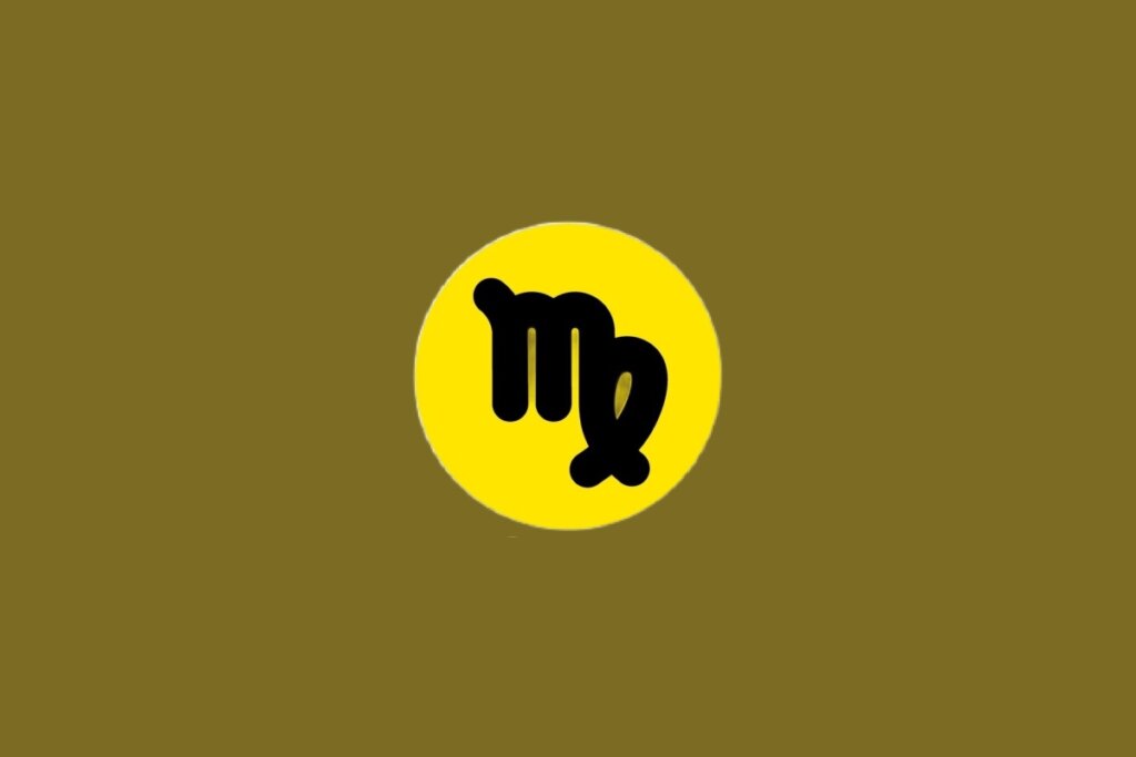 Ilustração do signo de Virgem, contendo glifo preto em “m” com laço final fechado, em círculo amarelo