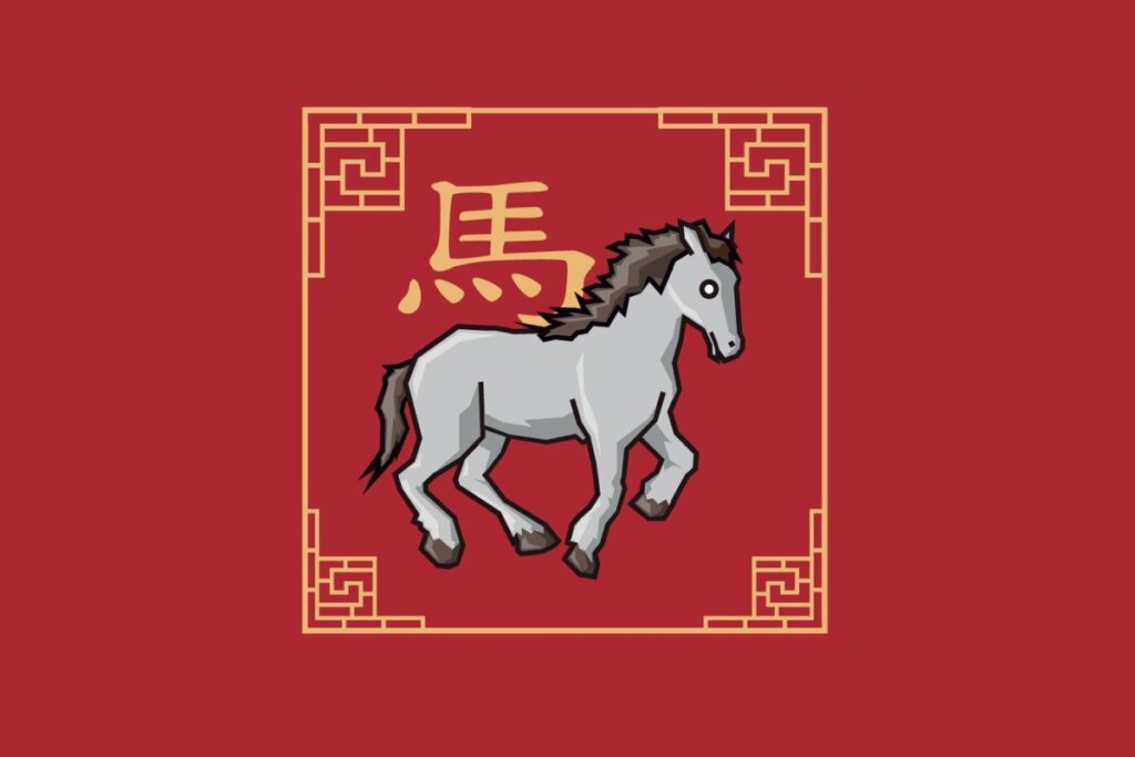 Ilustração em estilo plano do signo chinês do Cavalo sobre fundo vermelho. Um cavalo cinza com crina escura é desenhado galopando dentro de uma moldura quadrada dourada com detalhes gregos nos cantos. Ao fundo, destaca-se o caractere chinês do signo em dourado.