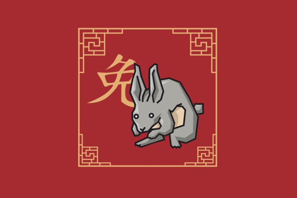 Ilustração em estilo plano do signo chinês do Coelho sobre fundo vermelho. Um coelho cinza com orelhas longas é desenhado agachado dentro de uma moldura quadrada dourada com detalhes gregos nos cantos. Ao lado, destaca-se o caractere chinês do signo em dourado.