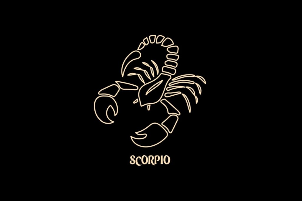 Ilustração em estilo de arte de linha bege sobre um fundo preto, representando o signo astrológico de Escorpião. A imagem mostra um escorpião estilizado visto de cima, exibindo suas duas pinças abertas e a cauda curvada para cima com o ferrão em destaque. Abaixo do desenho, está escrita a palavra "SCORPIO" em uma fonte estilizada.