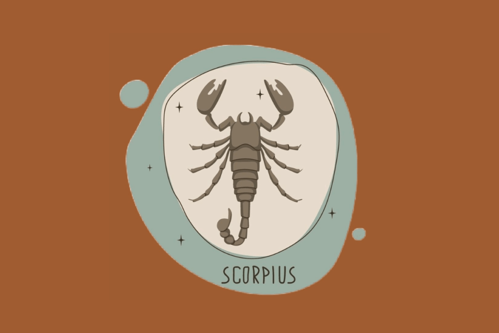 Ilustração de um escorpião em tons de marrom e cinza, visto de cima. O aracnídeo está posicionado com as pinças abertas e a cauda curvada em uma moldura oval verde-água. O fundo da imagem é marrom terroso e possui pequenas estrelas pretas ao redor do símbolo