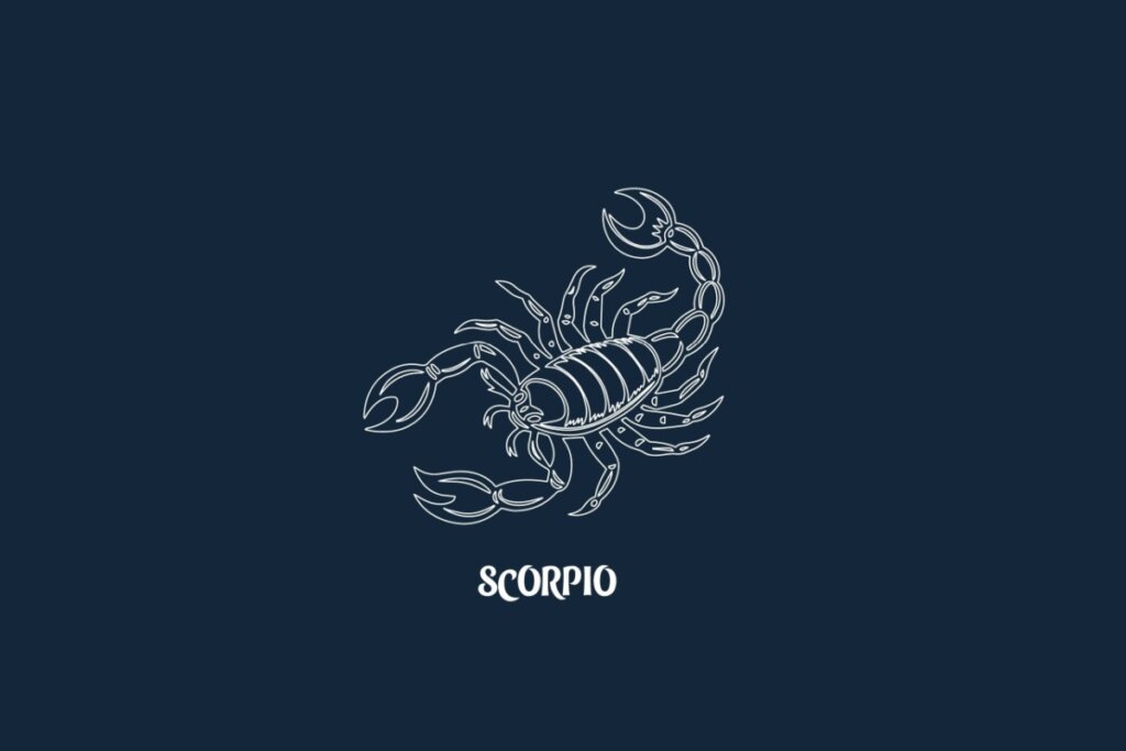 Ilustração em linhas brancas sobre fundo azul-escuro representando o signo de Escorpião. O desenho mostra um escorpião detalhado visto de cima com a cauda erguida. Logo abaixo, está escrita a palavra "SCORPIO" em fonte estilizada branca.