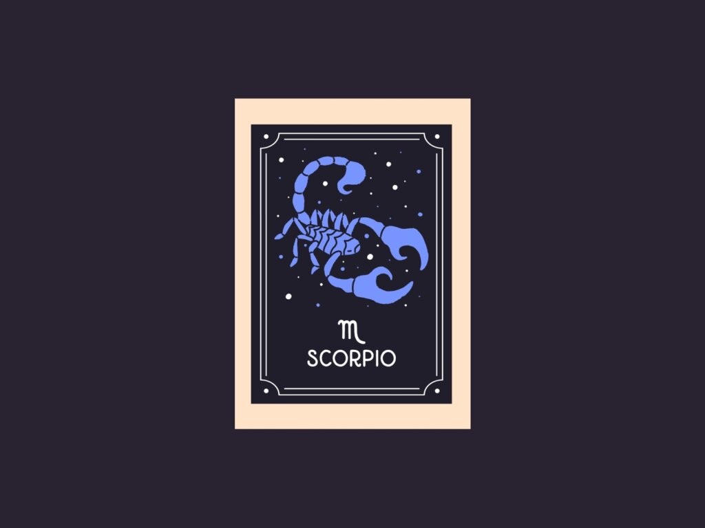 Ilustração do signo de Escorpião com um escorpião azul estilizado centralizado em um fundo escuro com pontos brancos. Na parte inferior, aparecem o símbolo de Escorpião e a palavra "SCORPIO".