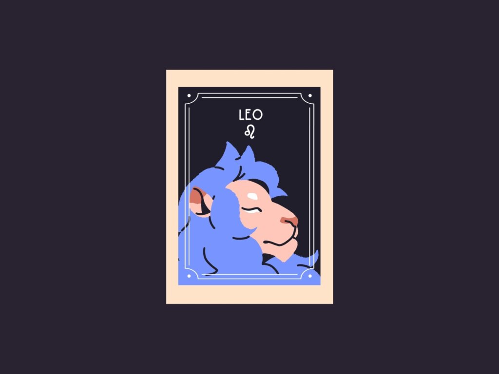 Ilustração do signo de Leão mostrando o perfil de um leão com juba azul vibrante e rosto rosado. Inclui o nome "LEO" e o símbolo astrológico correspondente.
