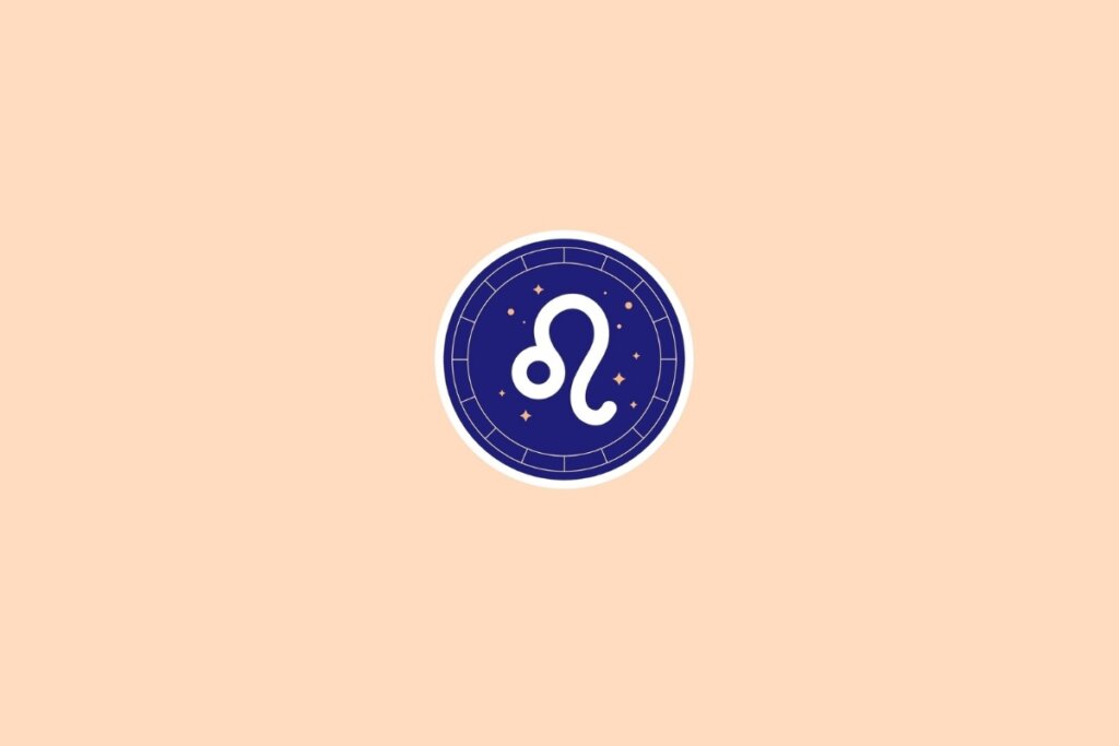 Ilustração do signo de leão em branco um círculo azul em cima de um fundo bege