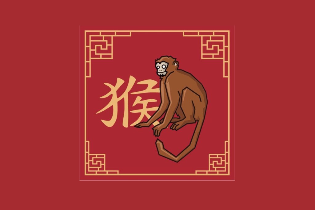 Ilustração em estilo plano do signo chinês do Macaco sobre fundo vermelho. Um macaco marrom é desenhado sentado de perfil dentro de uma moldura quadrada dourada com detalhes gregos nos cantos. Ao lado, destaca-se o caractere chinês do signo em dourado.