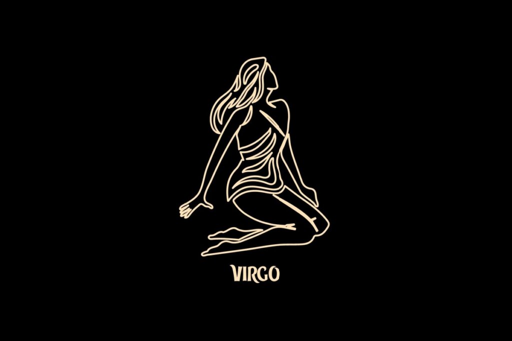 Ilustração em estilo de arte de linha bege sobre um fundo preto, representando o signo astrológico de Virgem. A imagem mostra a silhueta estilizada de uma mulher sentada de joelhos, levemente inclinada para trás, com cabelos longos e ondulados. Abaixo do desenho, está escrita a palavra "VIRGO" em uma fonte estilizada.
