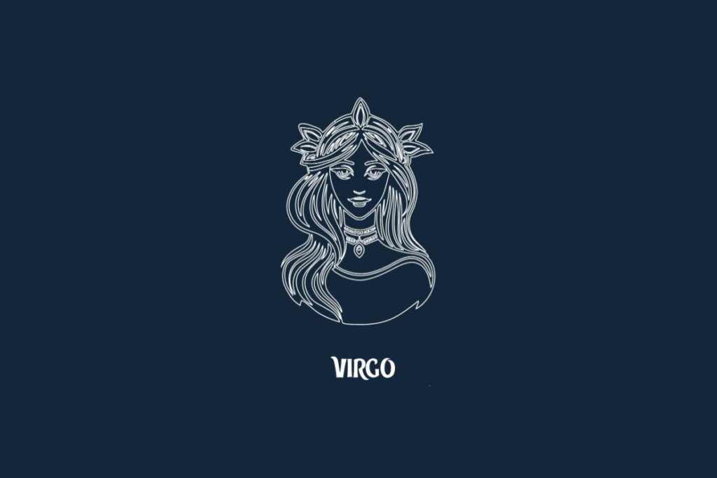 Ilustração em linhas brancas sobre fundo azul-escuro representando o signo de Virgem. O desenho mostra o busto frontal de uma jovem mulher com cabelos longos, colar e uma coroa de folhas na cabeça. Logo abaixo, está escrita a palavra "VIRGO" em fonte estilizada branca.