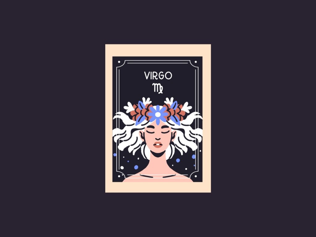 Ilustração do signo de Virgem com o busto de uma mulher de cabelos brancos usando uma coroa de flores azuis e terracota. Inclui o nome "VIRGO" e o símbolo do signo.
