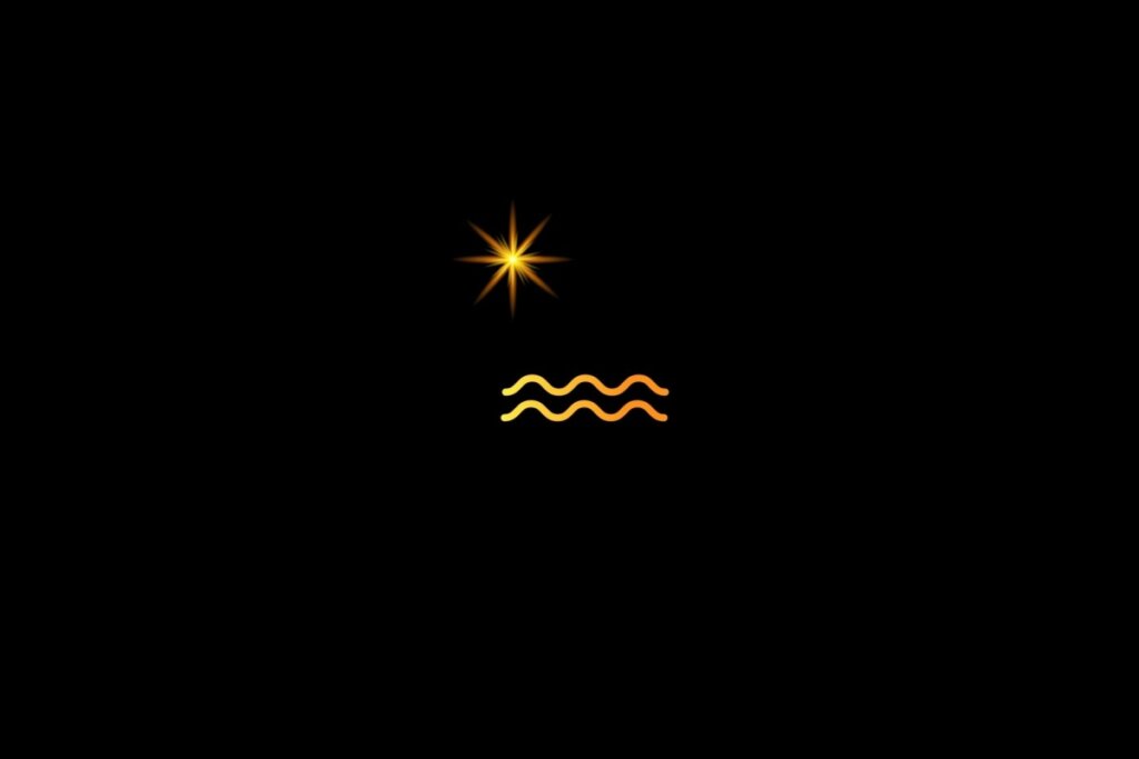 Ilustração do signo de aquário em amarelo, em um fundo preto, com uma estrela do lado esquerdo superior