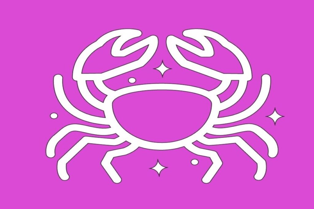 Um caranguejo estilizado, com patas abertas e formato arredondado. O desenho é simples e simétrico, sendo branco sobre fundo rosa
