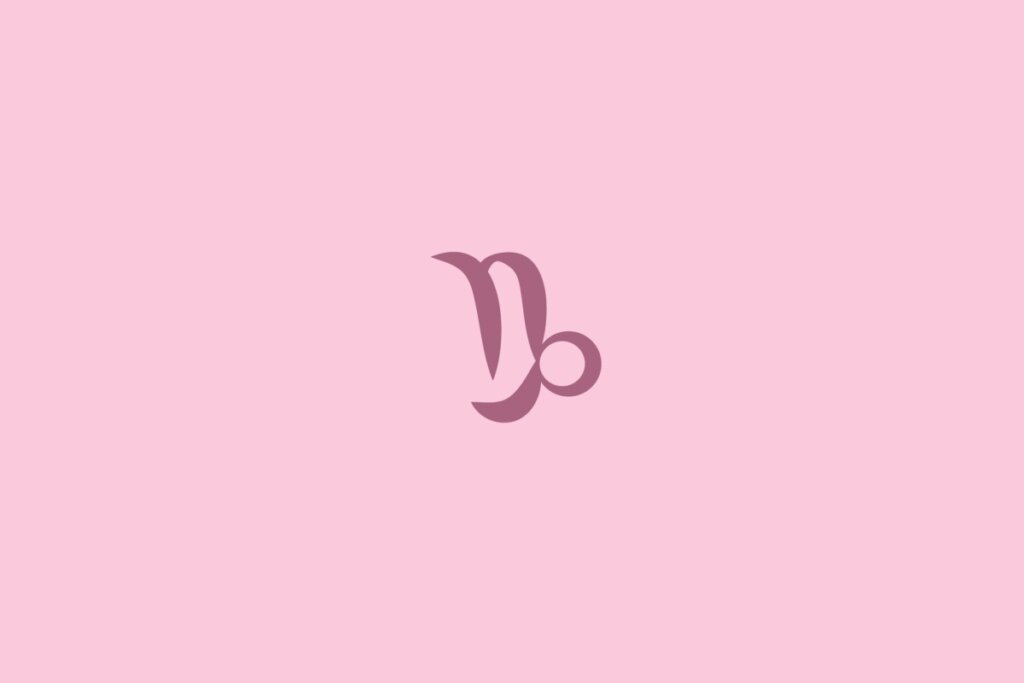 Ilustração do signo de capricórnio na cor roxa centralizado em um fundo rosa-claro