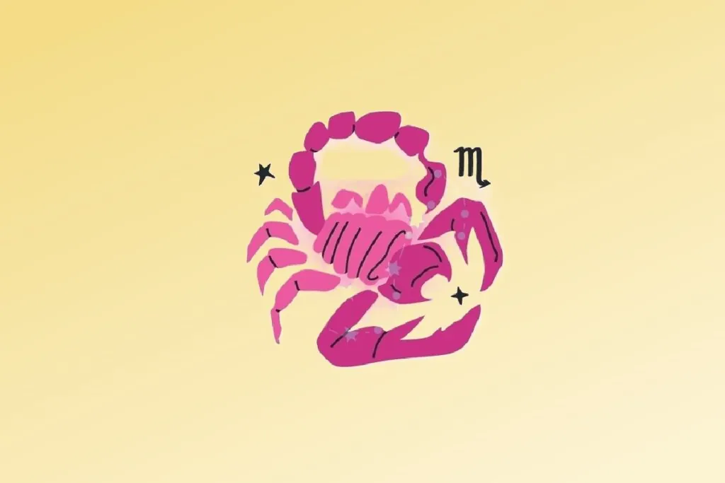 Ilustração do signo de Escorpião contendo um escorpião com símbolo do signo em fundo amarelo