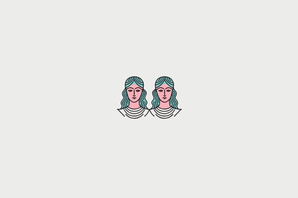 Ilustração de duas mulheres gêmeas idênticas, lado a lado, com rostos rosa, cabelos ondulados azul-piscina e trajes brancos, representando o signo de Gêmeos. O desenho está centralizado sobre um fundo cinza-claro.