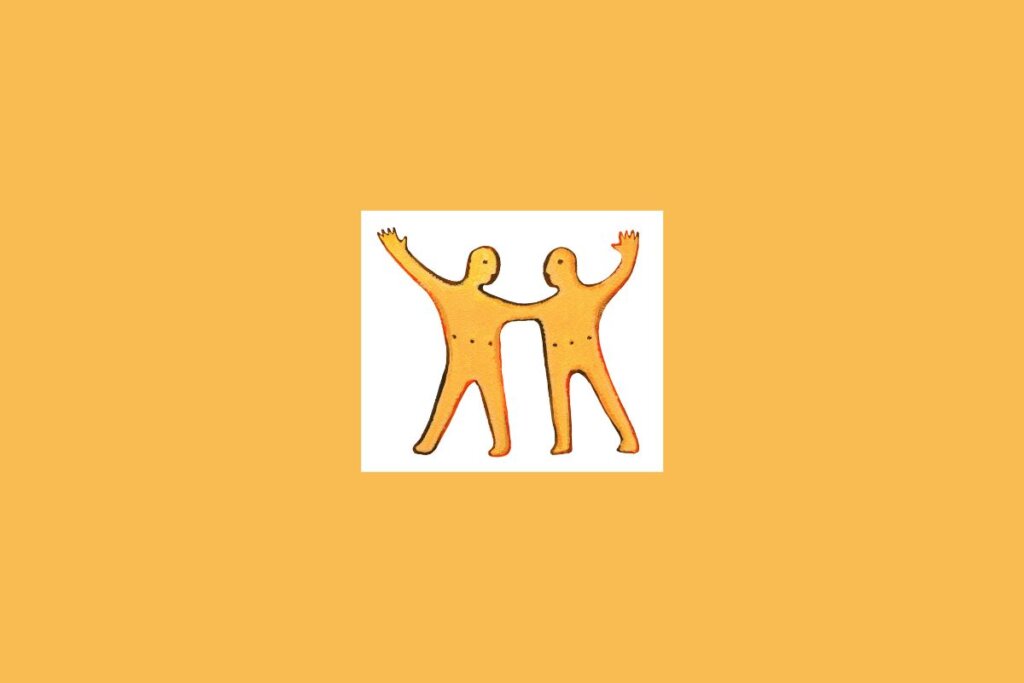 Uma ilustração simples de duas figuras ou elementos gêmeos, representando o signo de Gêmeos, sobre um fundo claro cercado por um tom alaranjado