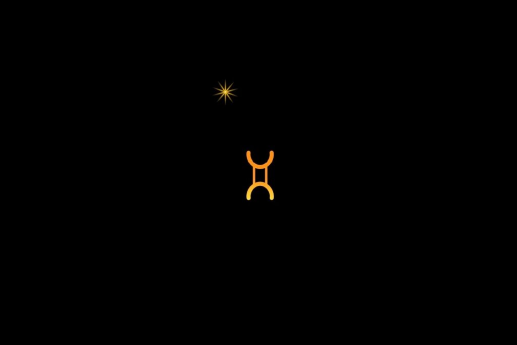 Ilustração do signo de gêmeos em amarelo, em um fundo preto, com uma estrela do lado esquerdo superior