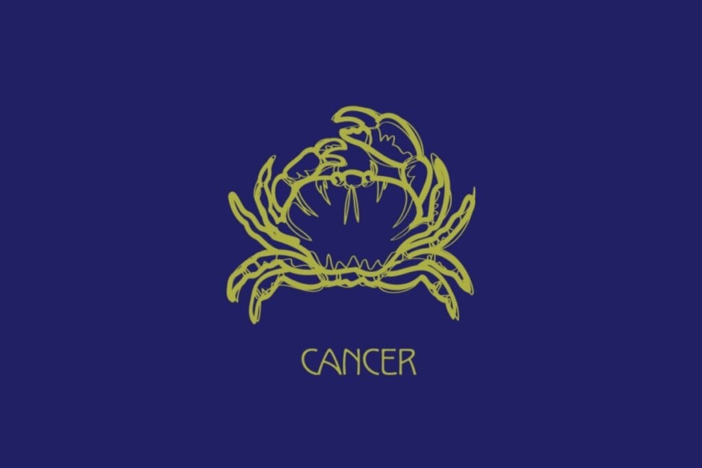 ilustração amarela da cabeça de um caranguejo e nome "cancer" embaixo sobre fundo azul