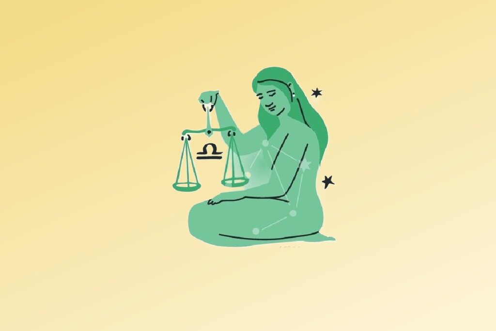 Ilustração do signo de libra contendo uma mulher segurando uma balança em fundo amarelo