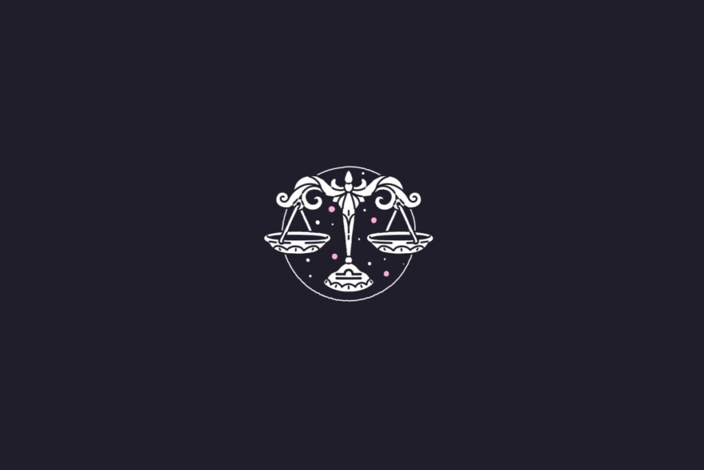 Ilustração do signo de libra centralizado em um fundo roxo-escuro