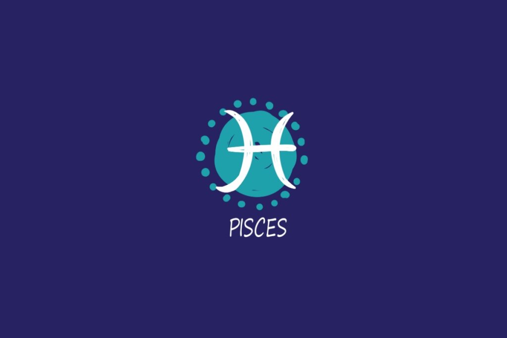 Ilustração do signo de peixes, na cor branca, sobre uma mancha verde, em um fundo azul-escuro