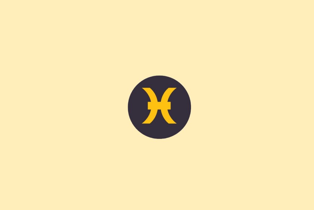 Um símbolo do signo de Peixes em amarelo, dentro de um círculo escuro, sobre um fundo claro bege
