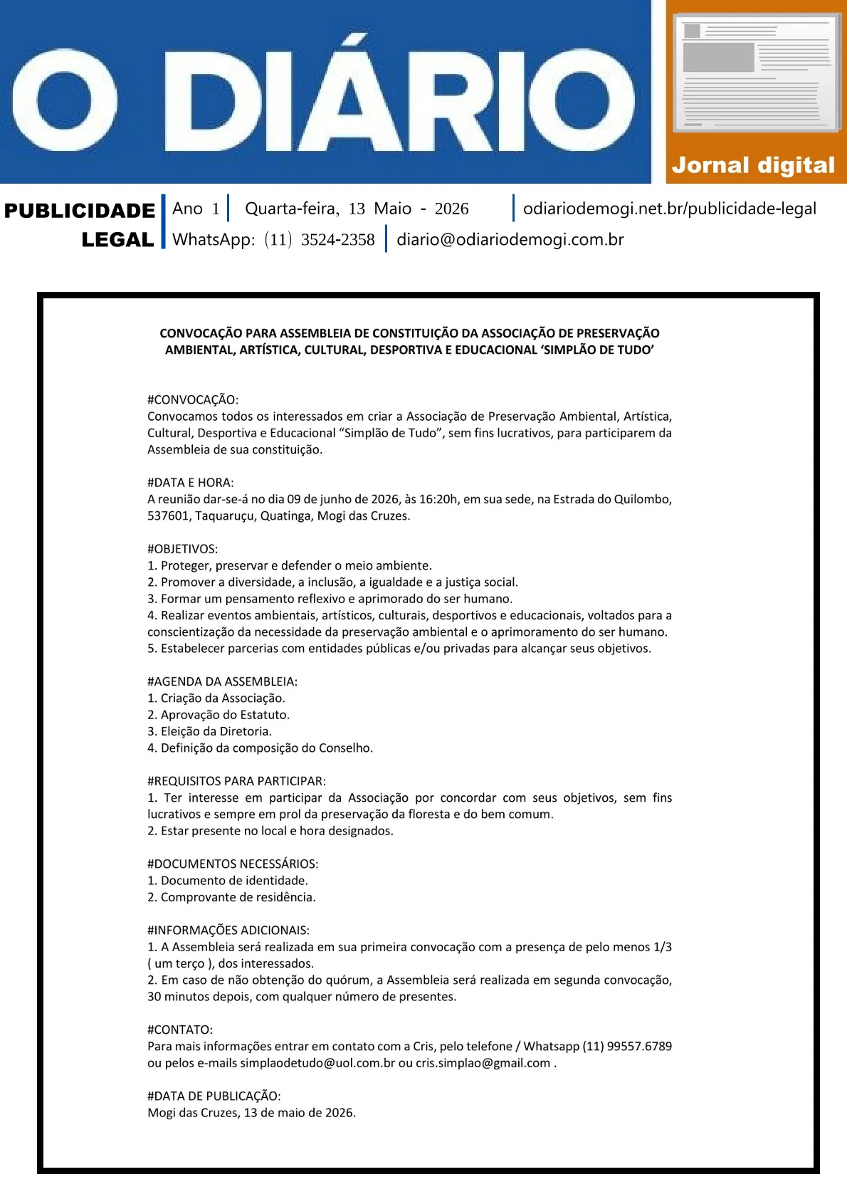 Quarta-feira, 13 de Maio 2026