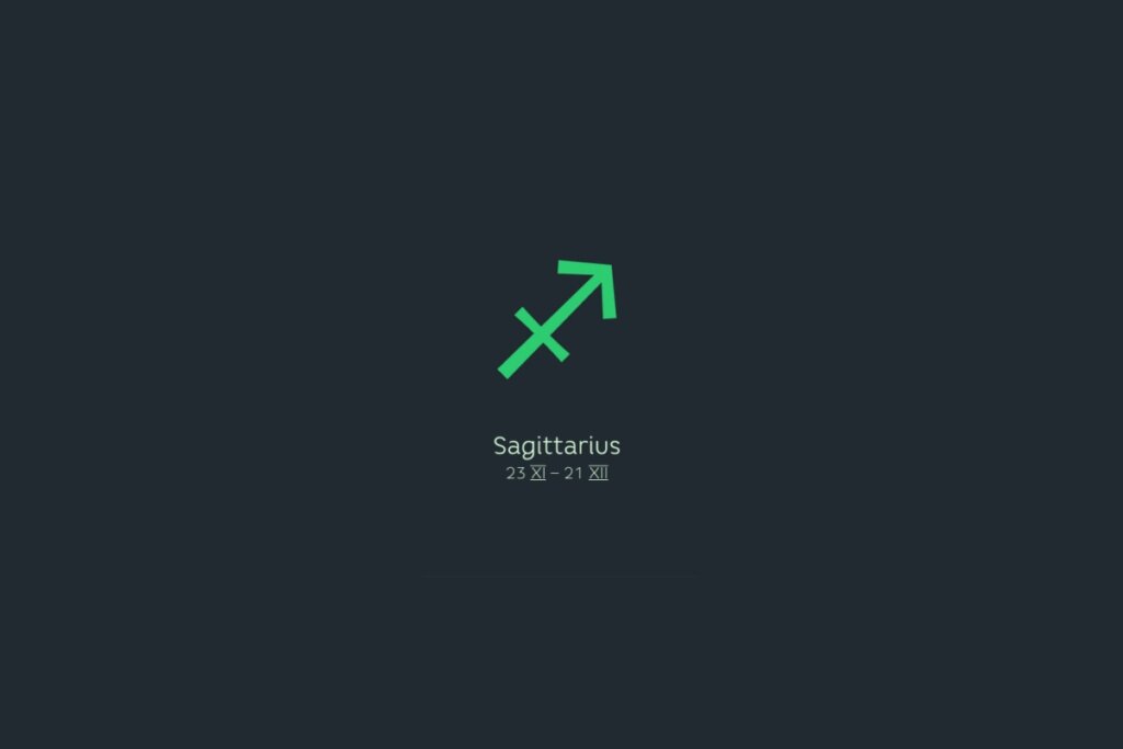 Ilustração do signo de sagitário em verde-claro sobre um fundo verde-escuro