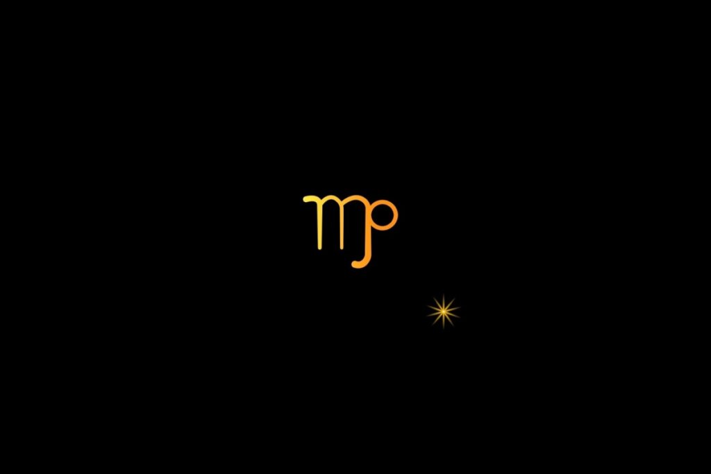 Ilustração do signo de virgem em amarelo, em um fundo preto, com uma estrela do lado direito inferior