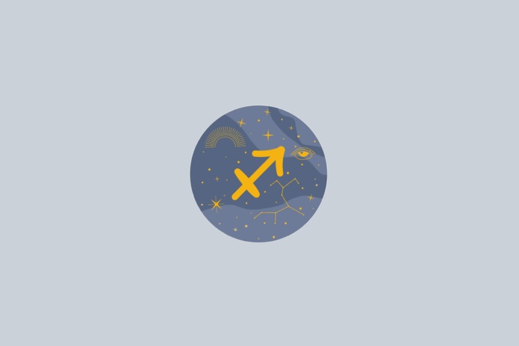 Ilustração do signo de Sagitário, contendo o símbolo dourado em forma de flecha sobre uma cruz, em fundo cinza-claro