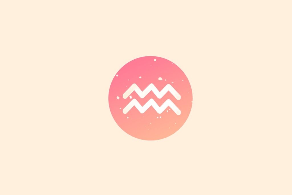 Ilustração do signo de Aquário contendo símbolo em forma de duas linhas onduladas paralelas em círculo com gradiente rosa e salmão em fundo bege-amarelado