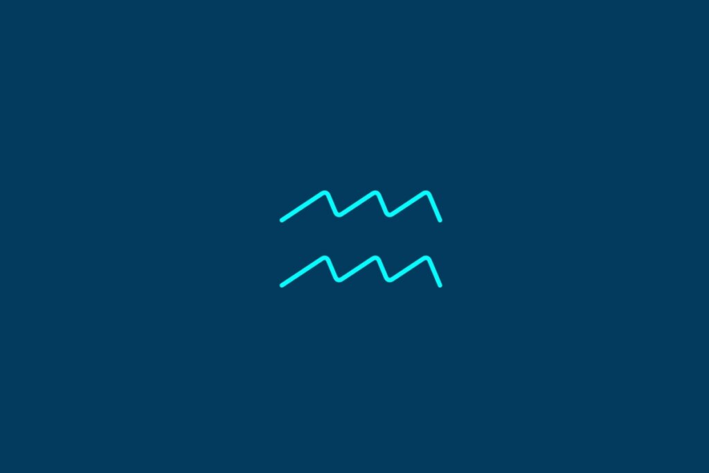 Ilustração do signo de Aquário, contendo duas linhas horizontais paralelas em formato de ondas ou zigue-zague, em fundo azul-escuro