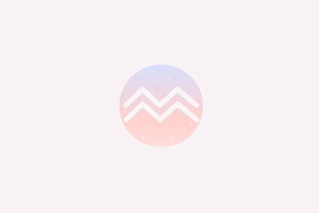 Ilustração do signo de Aquário com duas linhas onduladas brancas paralelas, em fundo suave com tons pastel e pontos brilhantes