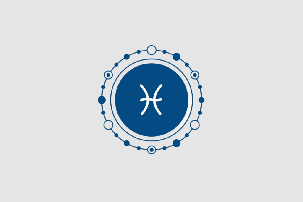 Ilustração do signo de Peixes, com dois arcos curvados opostos ligados ao centro, em branco sobre um fundo azul-escuro com ornamentos circulares ao redor
