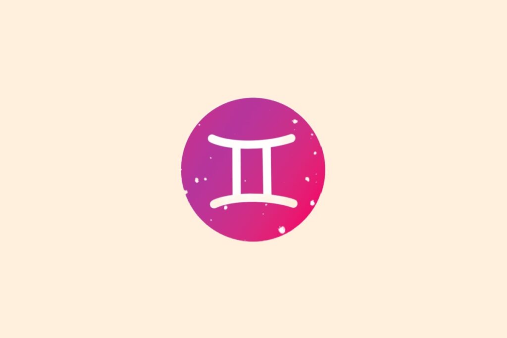Ilustração do signo de Gêmeos contendo símbolo em forma de duas colunas unidas por traços horizontais em círculo com gradiente rosa e roxo em fundo bege-amarelado