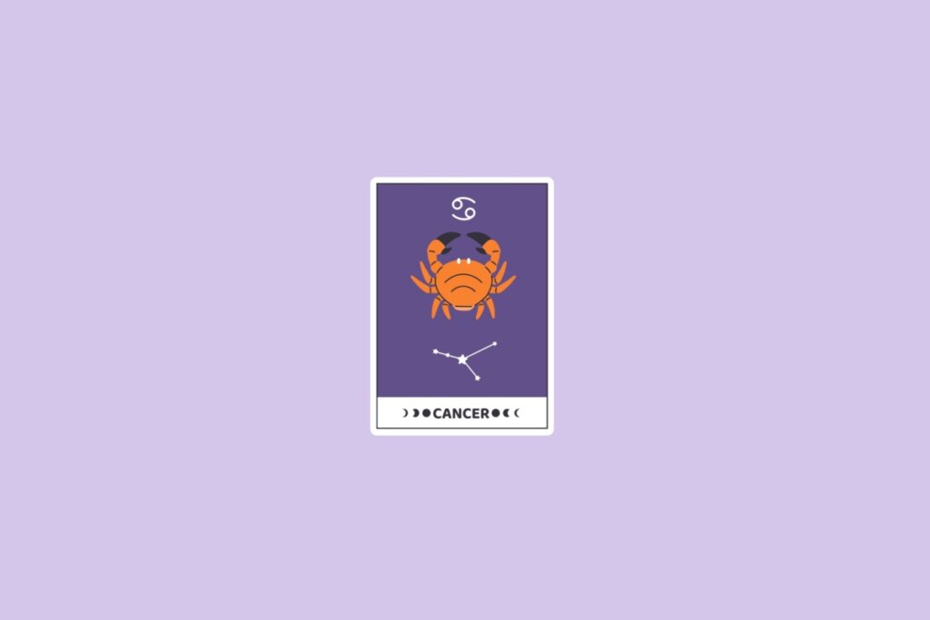 Ilustração do signo de Câncer com um caranguejo laranja, a constelação de Câncer e o símbolo do signo no topo