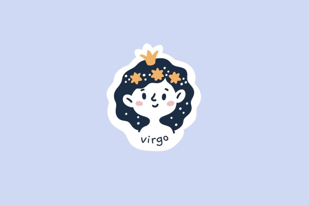 Ilustração do signo de Virgem, contendo uma criança de cabelos escuros cacheados, usando uma pequena coroa dourada e estrelas alaranjadas sobre a cabeça, em fundo azul-claro